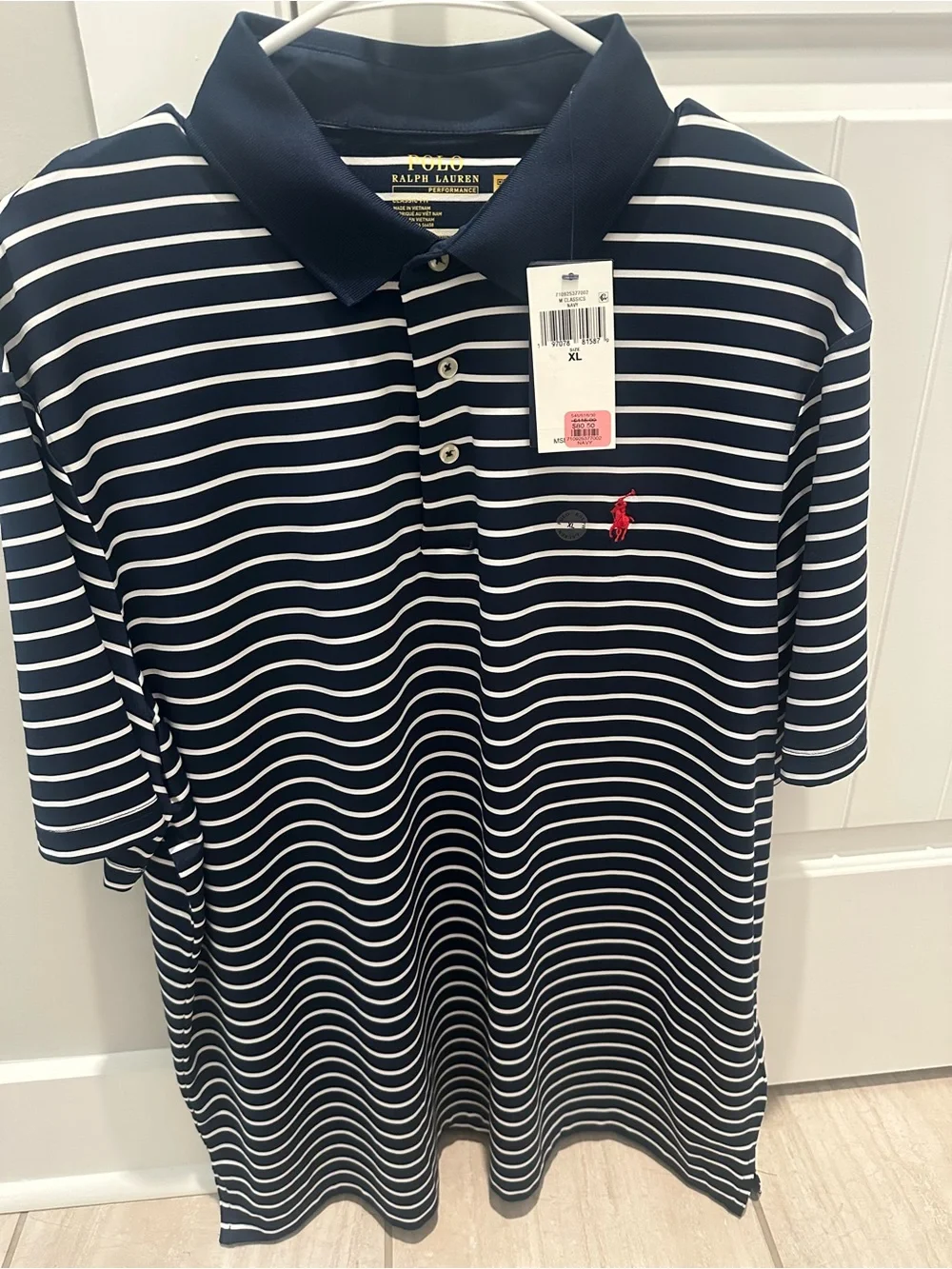 NWT Polo by Ralph Lauren Navy and White Striped Short-Sleeve Polo with Red Pony